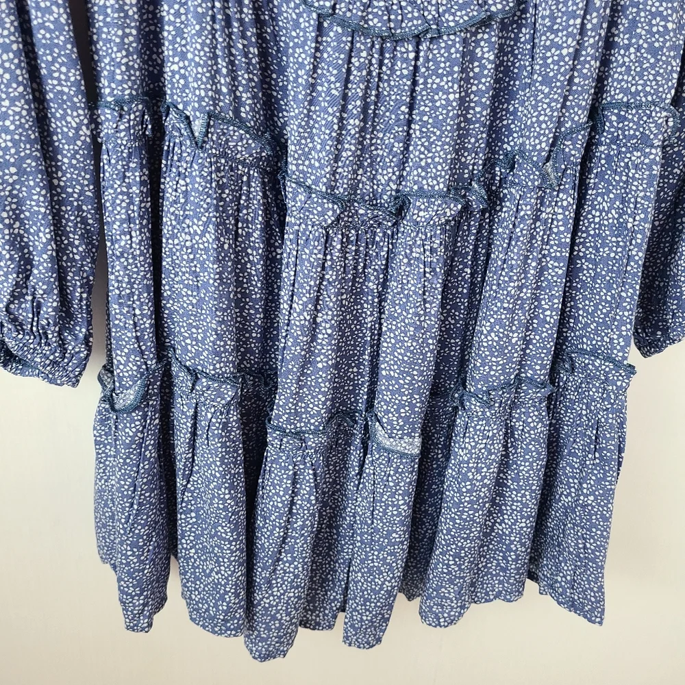 Stellah Blue White Dot Print Smocked Waist Milkmaid Long Sleeve Dress